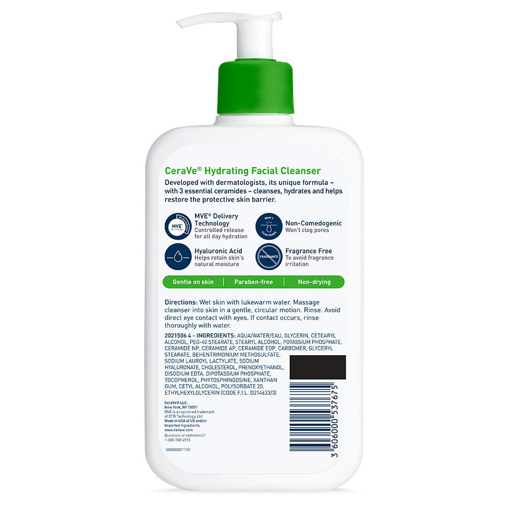 CeraVe Hydrating Facial Cleanser | Moisturizing Face Wash For Dry Skin | Hyaluronic Acid + Ceramides + Glycerin | Hydrating Cleanser For Normal To Dry Skin