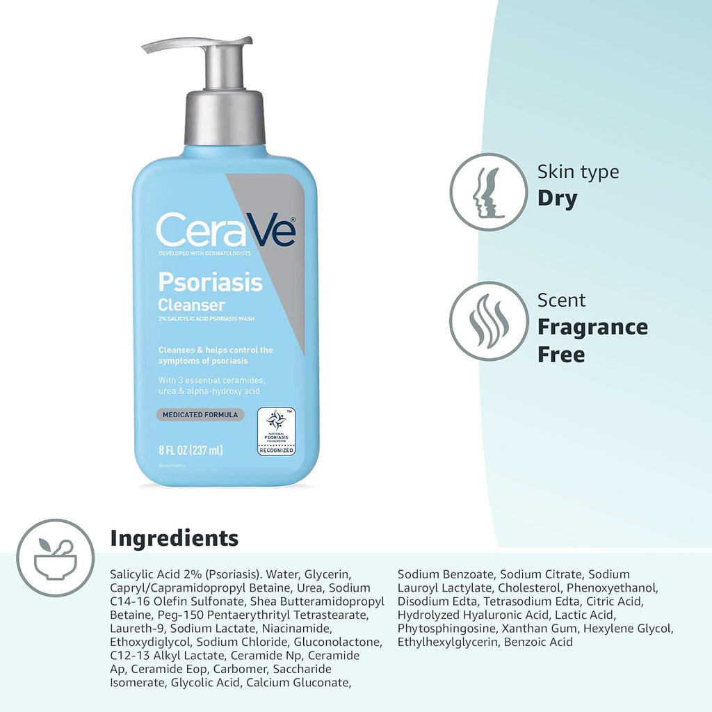 CeraVe Cleanser for Psoriasis Treatment | With Salicylic Acid for Dry Skin Itch Relief & Latic Acid for Exfoliation