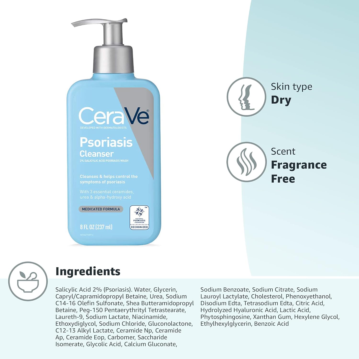 CeraVe Cleanser for Psoriasis Treatment | With Salicylic Acid for Dry Skin Itch Relief & Latic Acid for Exfoliation