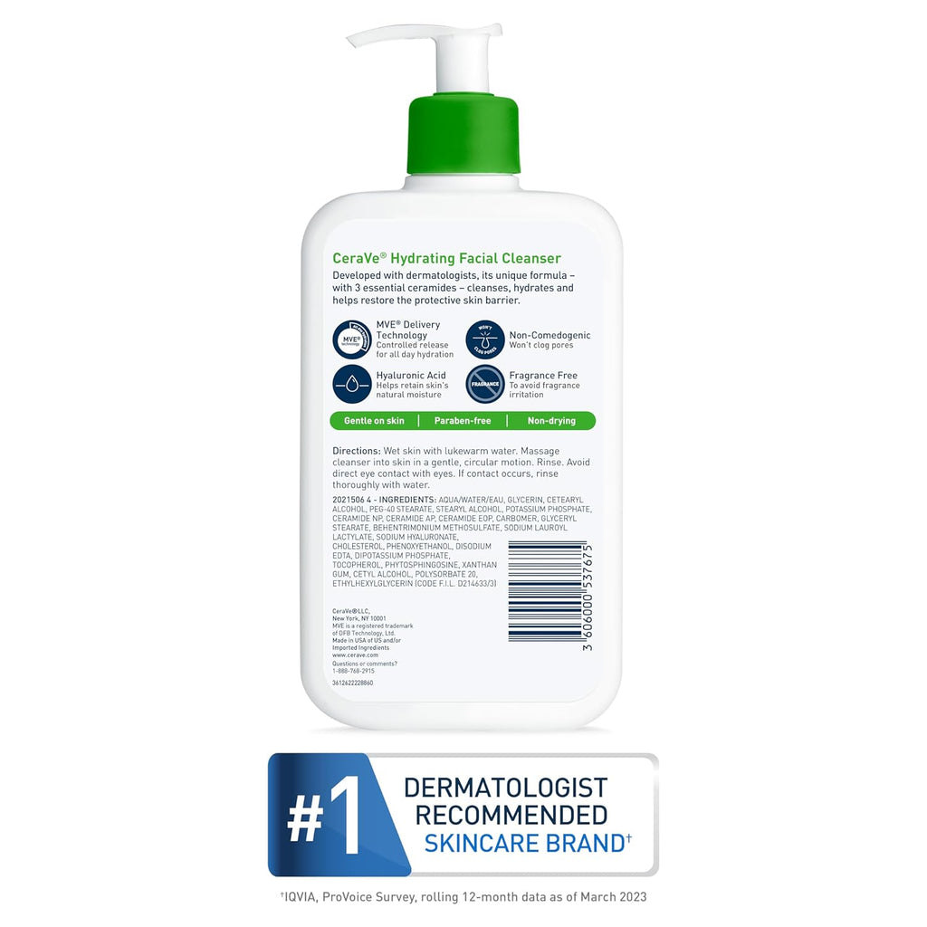 CeraVe Hydrating Facial Cleanser | Moisturizing Face Wash For Dry Skin | Hyaluronic Acid + Ceramides + Glycerin | Hydrating Cleanser For Normal To Dry Skin
